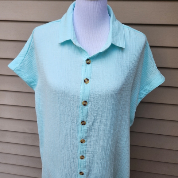 Mint Green Long Dress Muslin Style Button-Up Dolman Short Sleeves - Picture 3 of 12